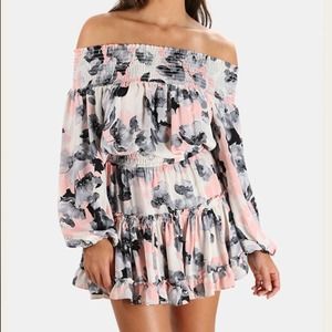 misa los angeles freesia gray & pink floral off the shoulder mini dress small